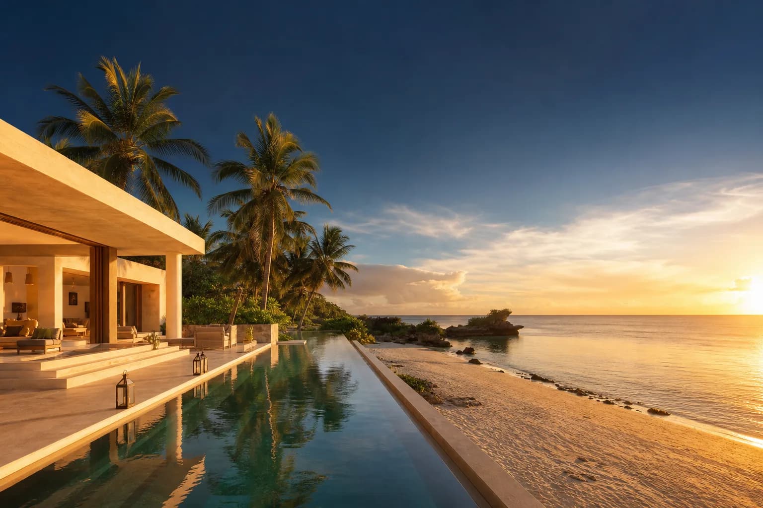 Ultra-luxury modern beachfront villa with infinity pool overlooking the Indian Ocean at golden sunset — premium Zanzibar real estate investment